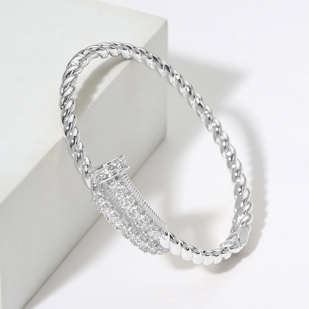 Silver Twisted CZ Rhinestone Crystal Nail Head Shaped Cuff Bracelet Bangle